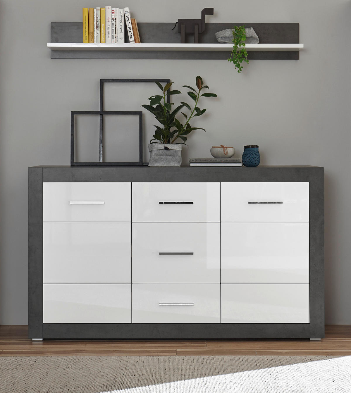 SIDEBOARD weiß Hochglanz, grau Stone 164 cm, Kommode mit viel Stauraum - Chromfarben/Weiß Hochglanz, Holzwerkstoff/Kunststoff (164/97/42cm) - Furn.Design