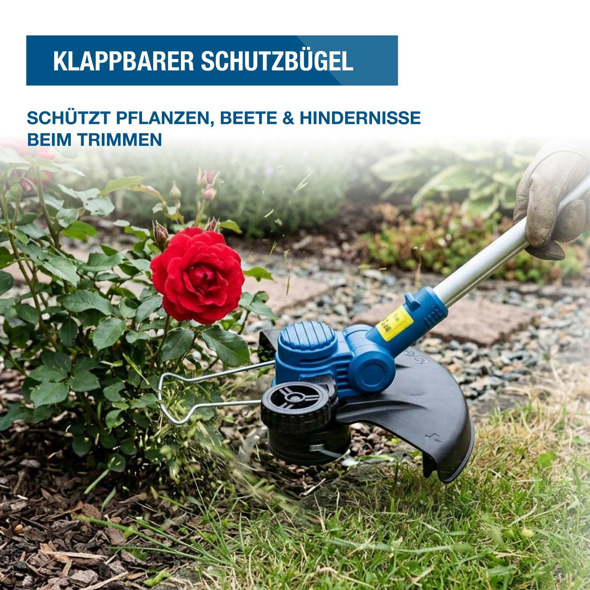 AKKU-RASENTRIMMER 20V 30 cm, dreh- und schwenkbarer Trimmerkopf, Teleskopstange & Kantenführungsrad – 2Ah-Akku und Ladegerät - Blau, Kunststoff (32/36.5cm) - HYUNDAI