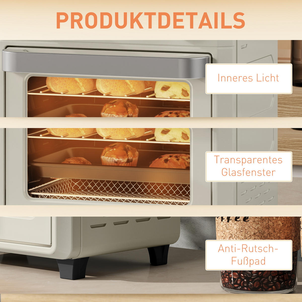 MINIBACKOFEN 10L mit Umluft & Heißluftfritteuse, Touch-Screen, 1000W, Timer, Innenbeleuchtung, Edelstahl - Beige, Metall (32/29.8/27.2cm) - Beaface