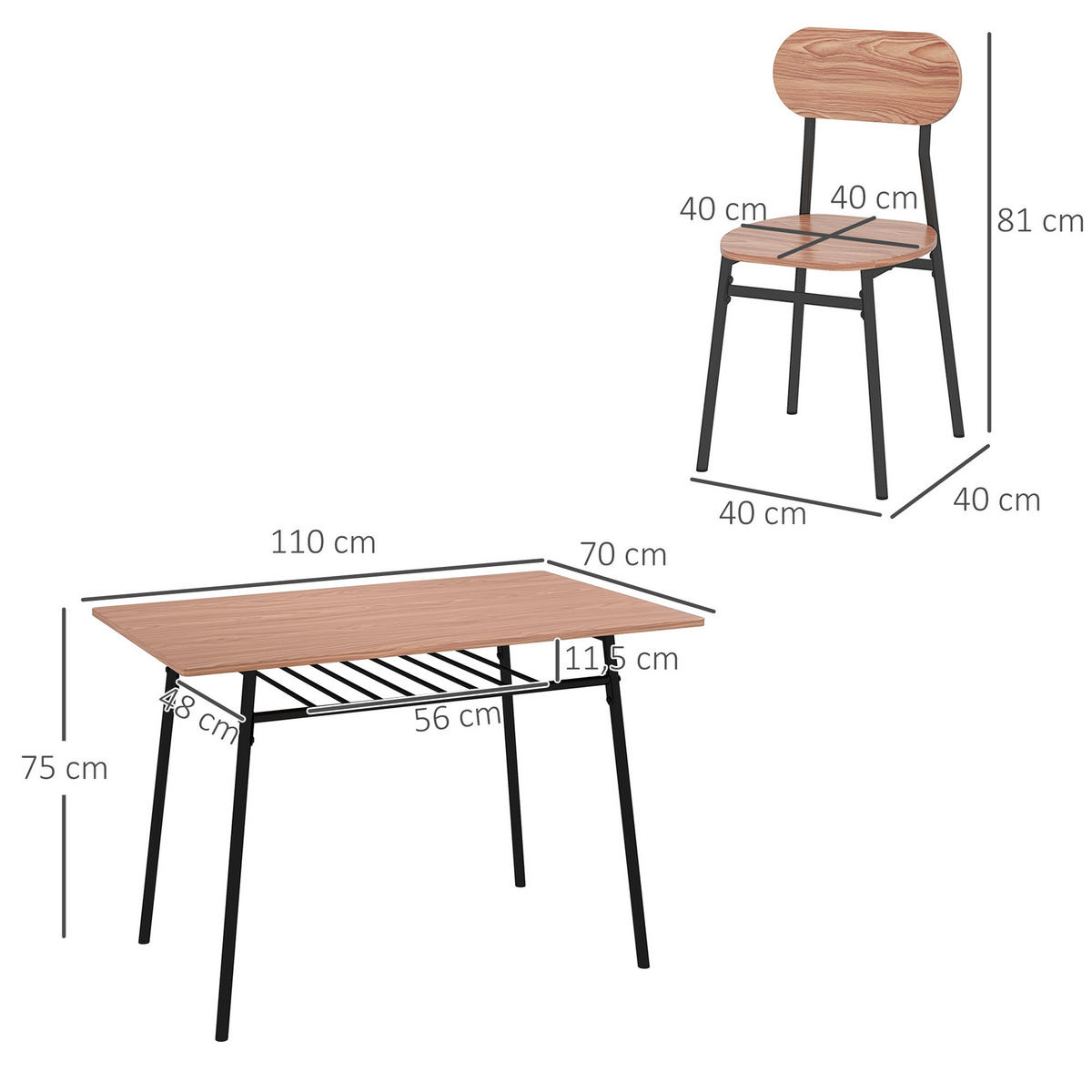 ESSGRUPPE, MDF, Stahl, Teak - Teakfarben, Kunststoff (70/75/110cm) - HOMCOM
