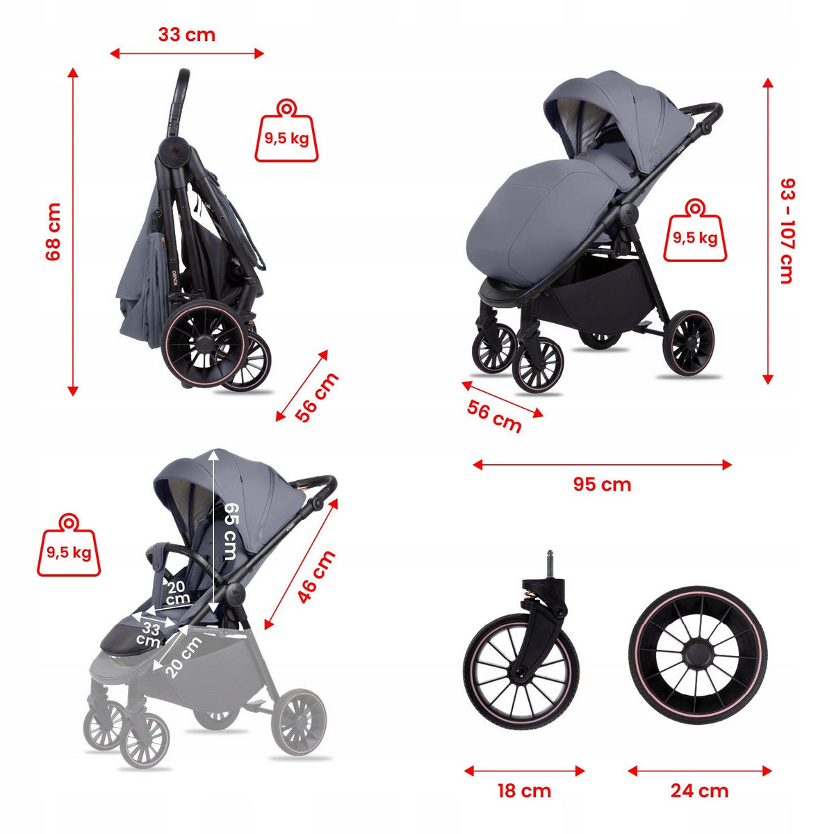 BUGGY Rombo, Klein und Leicht, Teleskopische Führung, Kompakt Faltbar, Wickeltasche, Reisetasche - Schwarz/Grau, Textil/Metall (58/98cm) - BabyLux
