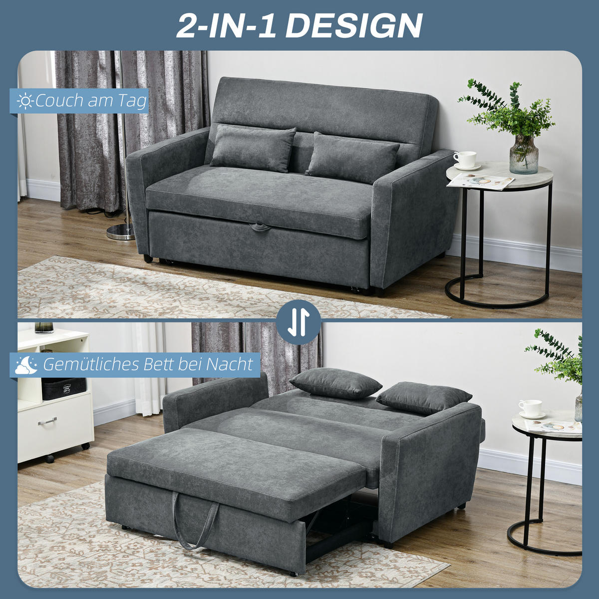 SCHLAFSOFA, Sofa mit Bettfunktion, Wurfkissen, Samtoptik für Wohnzimmer - Dunkelgrau, Holz (90/88.5/155cm) - HOMCOM