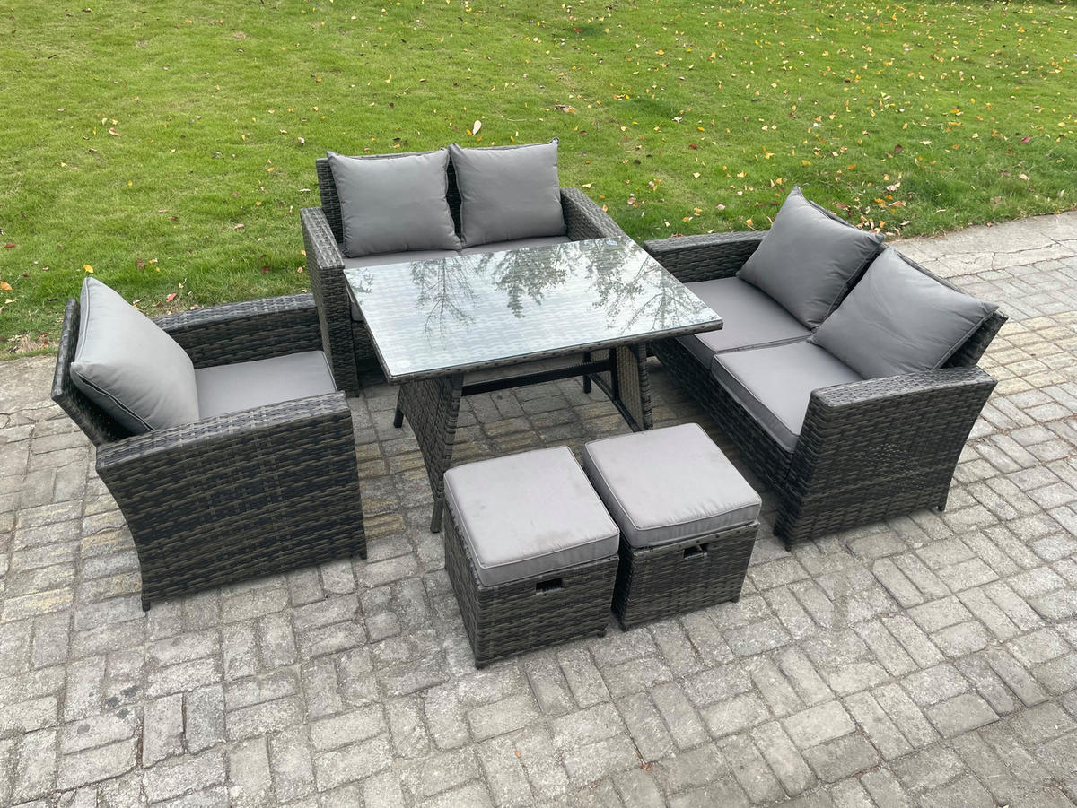 GARTENMÖBELSET mit ESSTISCH,HOCHLEHNER-SOFA Polyrattan Dunkelgrauer Mix 7-Sitzer - Dunkelgrau/Grau, Glas/Kunststoff - Fimous