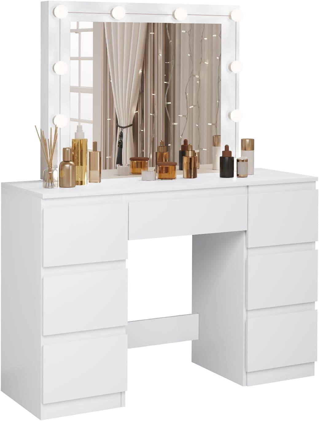 SCHMINKTISCH mit LED-Beleuchtung Weiß - Weiß, Glas/Holzwerkstoff (110/140.5/39.5cm) - Woltu