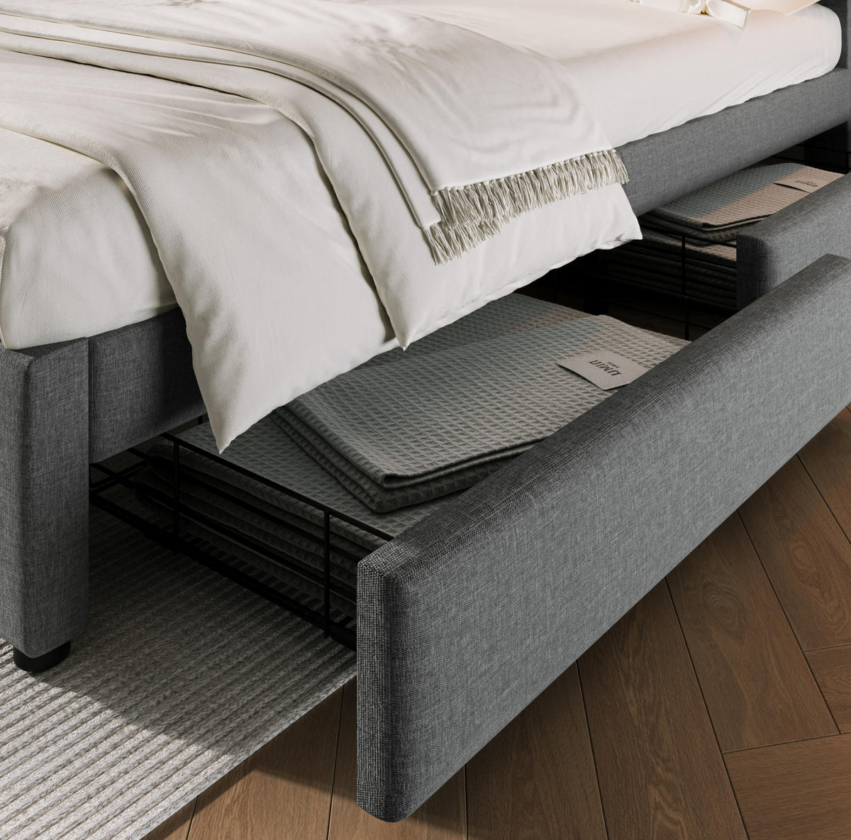 ČALÚNENÁ posteľ z ľanovej tkaniny 160x200 cm sivá s nastaviteľným čelom, USB-C a úložným priestorom - sivá, textil (160/200cm) - Modfu