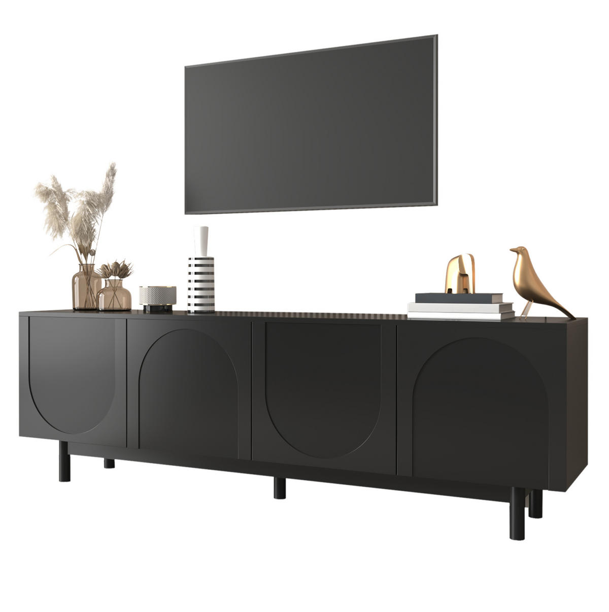 TV ormarić 175/38/56 cm crni od MDF-a i iverice s 4 vrata i podesivim policama - crna, drvni materijal (175/56/38cm) - OKWISH
