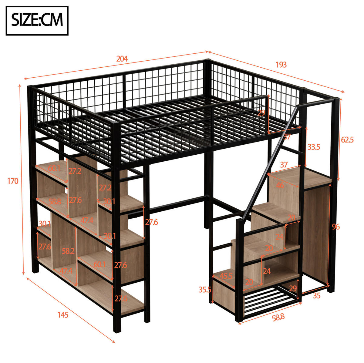HOCHBETT 140/200 cm Schwarz aus Metall und Holz mit Stauraumtreppe - Schwarz, Metall (140/200cm) - OKMYHOME