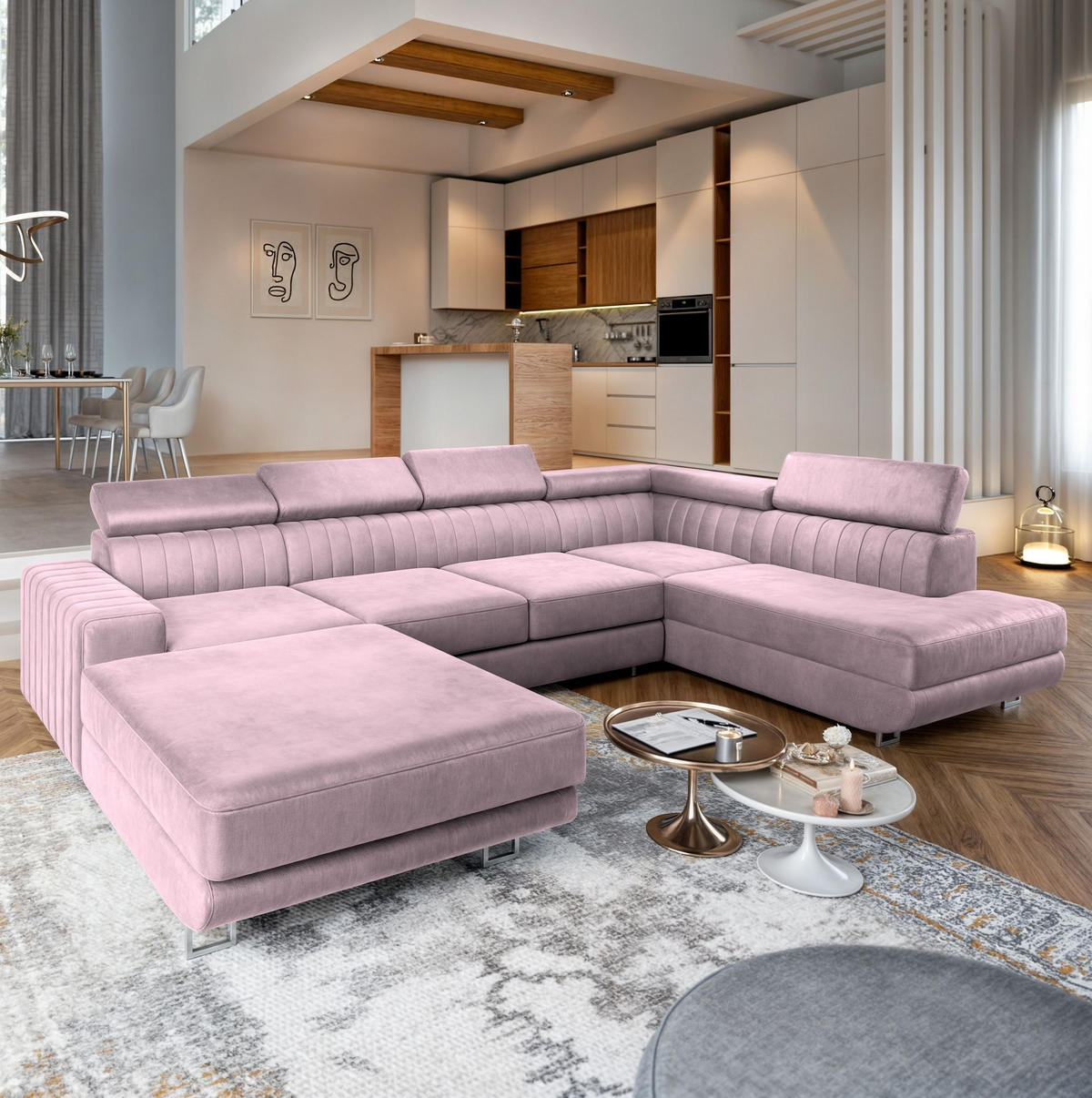 WOHNLANDSCHAFT SIENA R-S Lila Velours-Stoff mit Schlaffunktion - Lila, Holz (335/89/190cm) - MASSENO