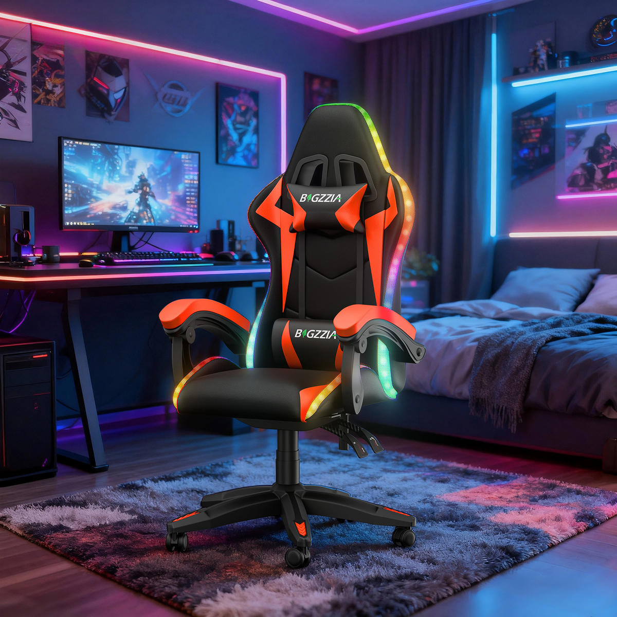 GAMINGSTUHL Schwarz-Rot,mit Led,Leder, Metall - Rot, Leder (29/59/79cm) - Rattrix