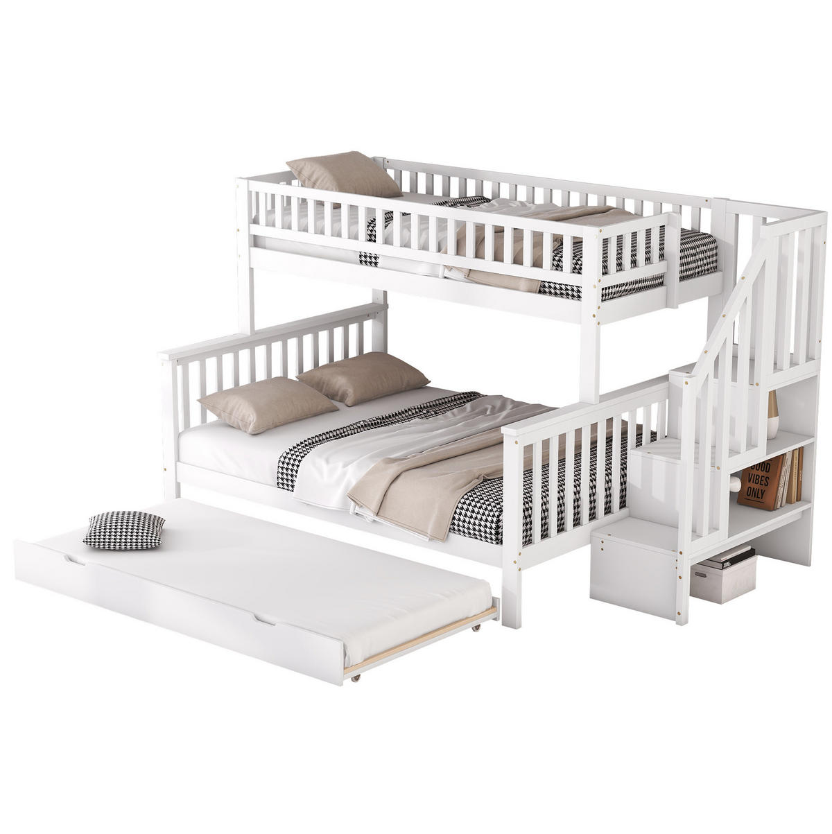 ETAGENBETT 253/240/160 cm aus Kiefer und MDF mit Ausziehbett und Stauraumtreppe Weiß - Weiß, Holz (140/200cm) - Modenvie