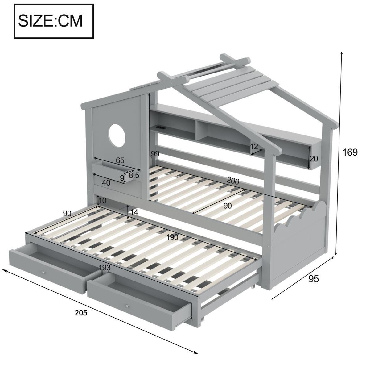 KINDERBETT 90/200 cm mit Ausziehbett 90/190 cm, LED, USB- und Typ-C-Anschluss, Schubladen und Stauraum, Grau - Grau, Holzwerkstoff (90/200cm) - Redom