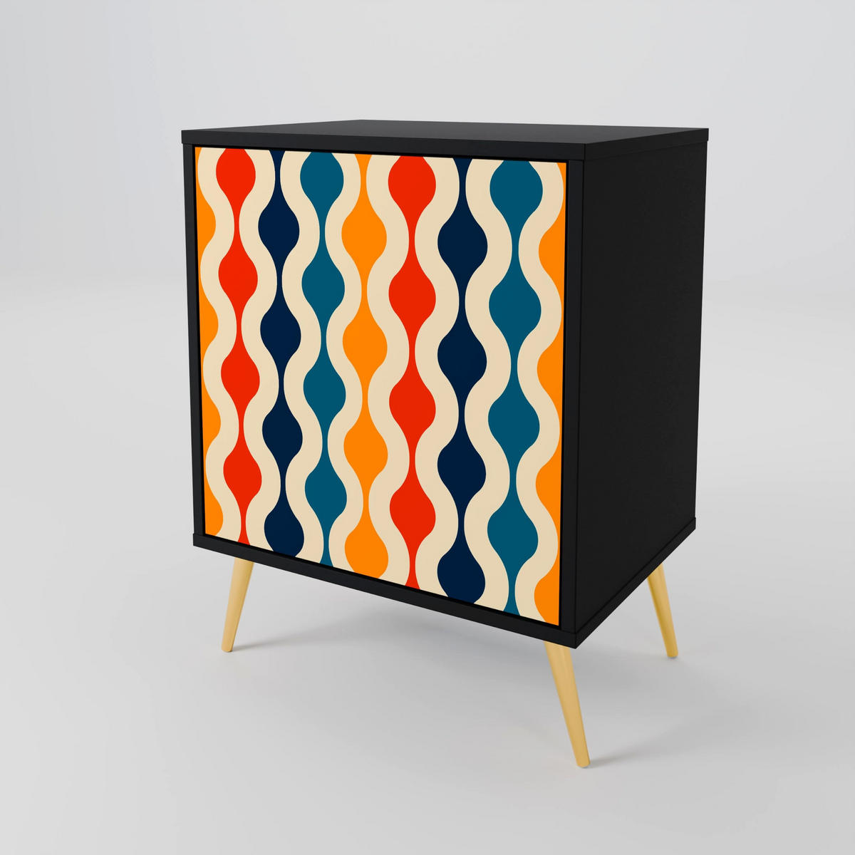 SIDEBOARD COLORFUL NOSTALGIA, Schwarz, 57,5x42x70,5 cm, Schwarze Metall-Sternfüße - Multicolor/Schwarz, Holzwerkstoff/Metall (57.5/70.5/42cm) - SpaceRebels