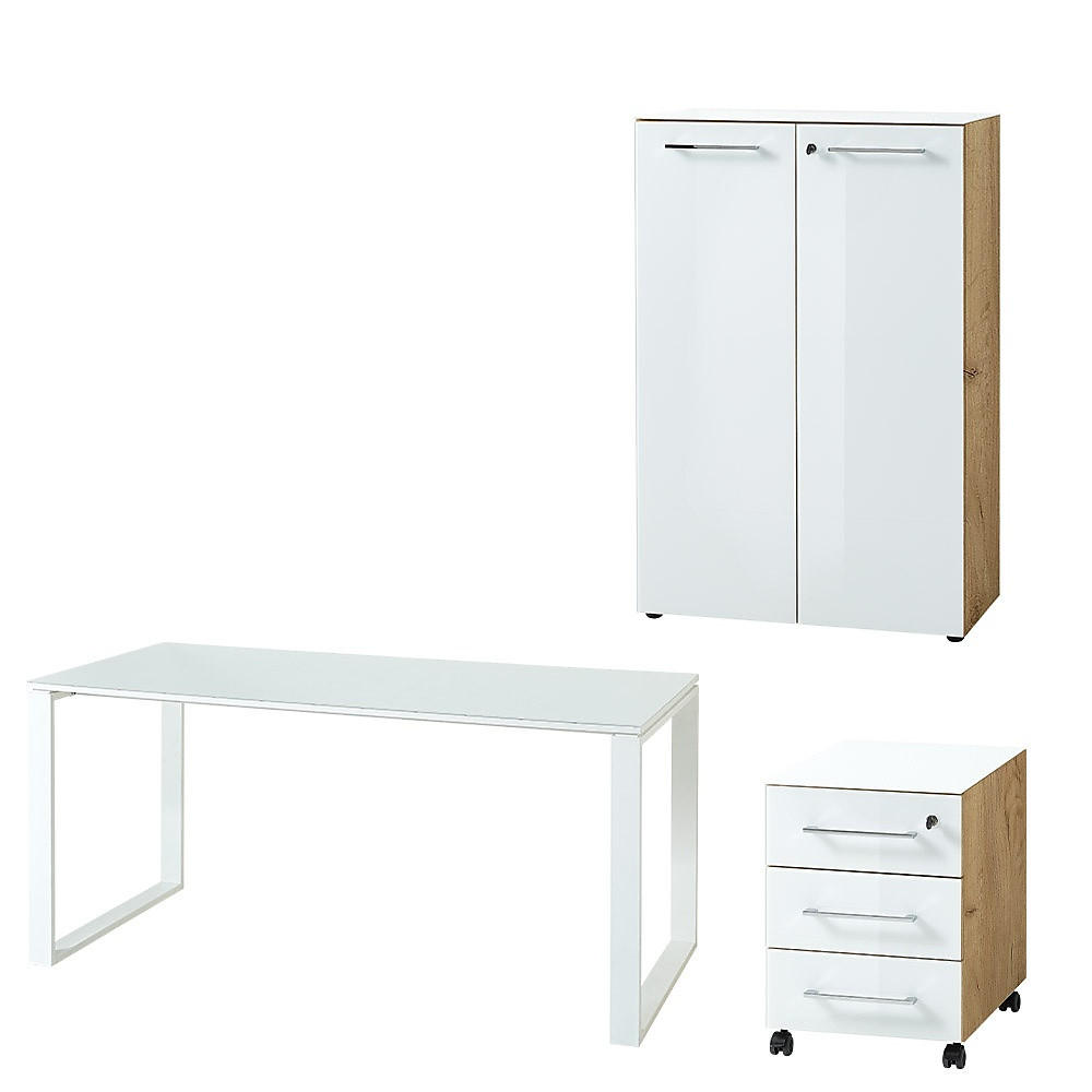 BÜRO-SET MUENCHEN 3-tlg | Schreibtisch, Schrank, Container | Glasfront | Chalet-Eiche-Nb./Weiß - Weiß, Holzwerkstoff/Metall (255/120/80cm) - KADIMA DESIGN