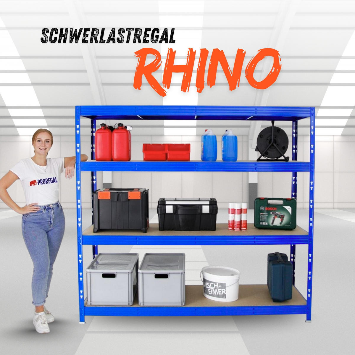 SCHWERLASTREGAL Rhino 180x200x60 cm 4 Spanplatten-Ebenen 16mm Fachlast 500 kg Blau - Blau, Metall (200/180/60cm) - PROREGAL