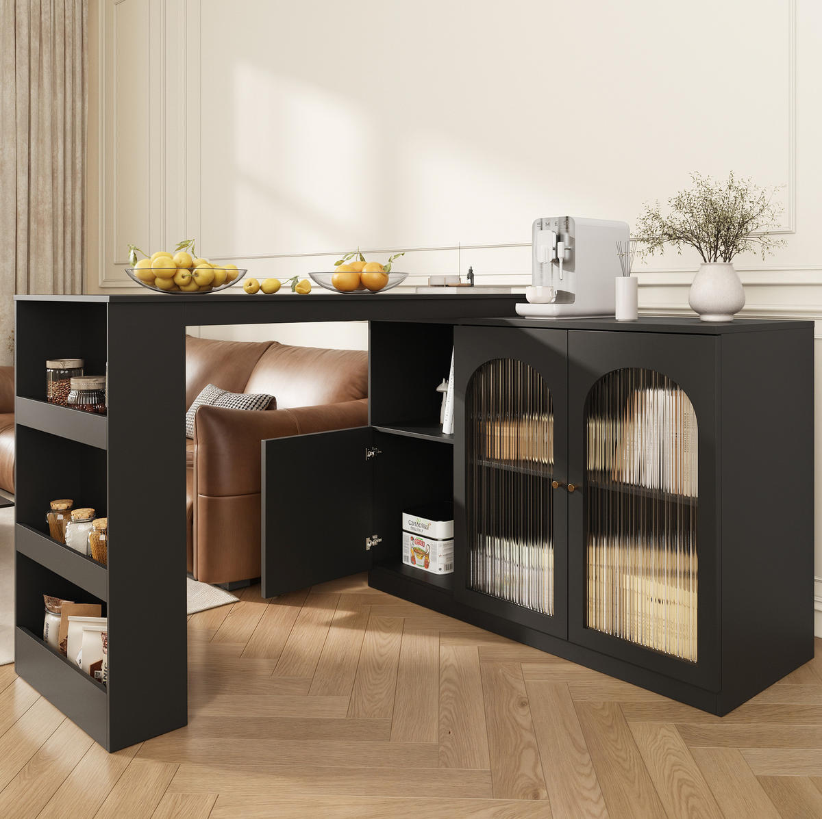 BAROVÁ skříňka 120/40/97 cm černá z MDF s otočným 360° designem a skleněnými dvířky - černá, kompozitní dřevo (120/40/103cm) - OKWISH
