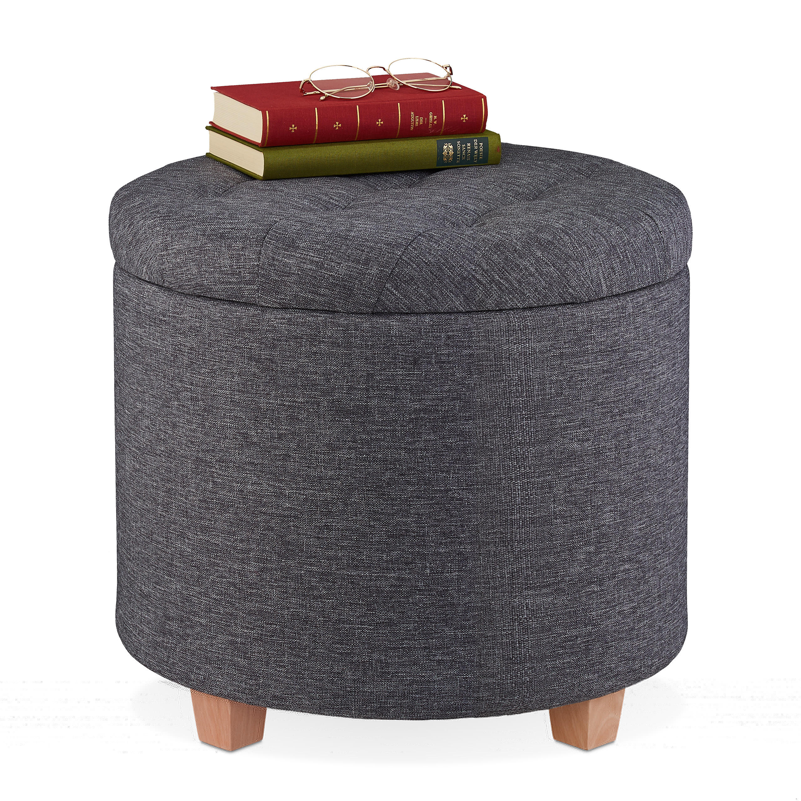 PUF gri închis cu spațiu de depozitare rotund material textil
