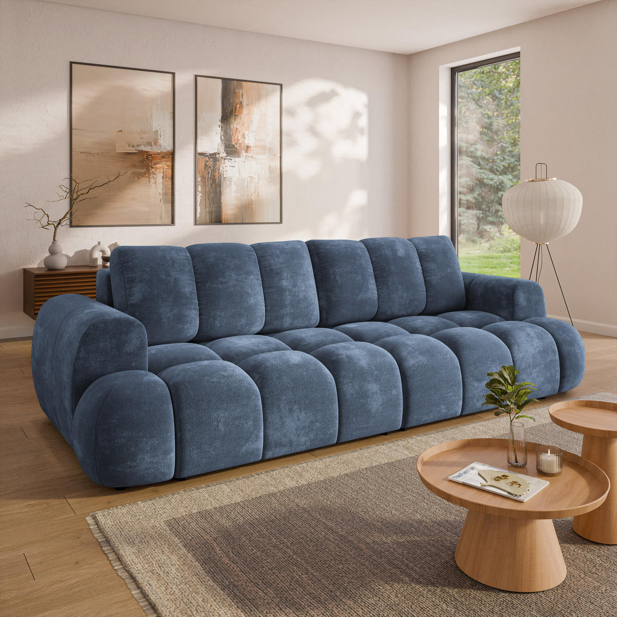BETTSOFA DAFNE Blau Chenille-Stoff mit Schlaffunktion - Blau, Textil (300/88/113cm) - MASSENO