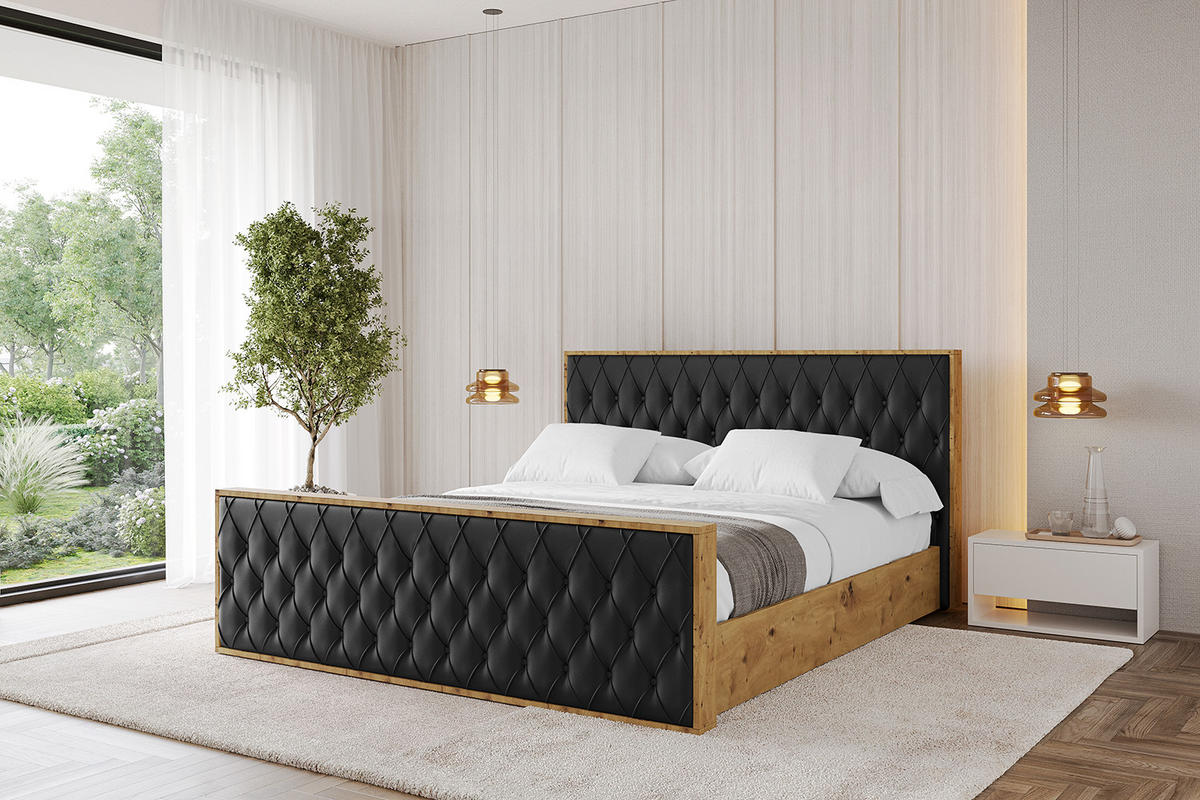 POLSTERBETT mit Bettkasten, Fußteil und Lattenrost, Boxbett ohne Matratze - ENZO5-Z 200x200 Schwarz Kunstleder - Schwarz Hochglanz, Holzwerkstoff/Textil (200/200cm) - ALTDECOR