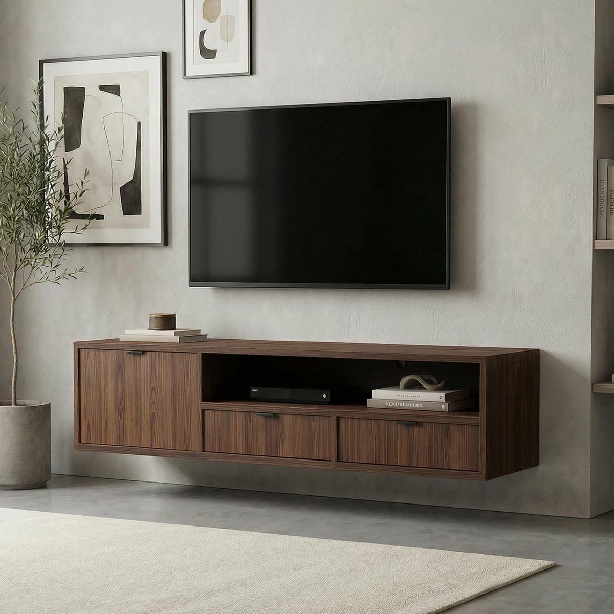 HÄNGELOWBOARD Evron mit 2 Schubladen und 1 Tür, 150 cm, Walnuss - Walnussfarben, Holzwerkstoff (150/35/40cm) - Beautysofa