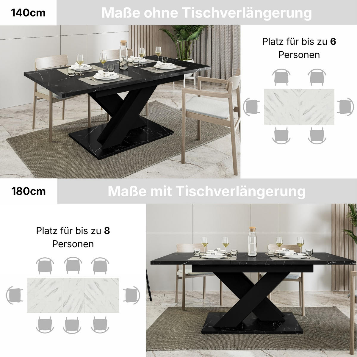 ESSTISCH Royal Schwarz Marmoptik Ausziehbar 140 - 180 cm - Schwarz, Holzwerkstoff (140/80/75cm) - PROSPERO