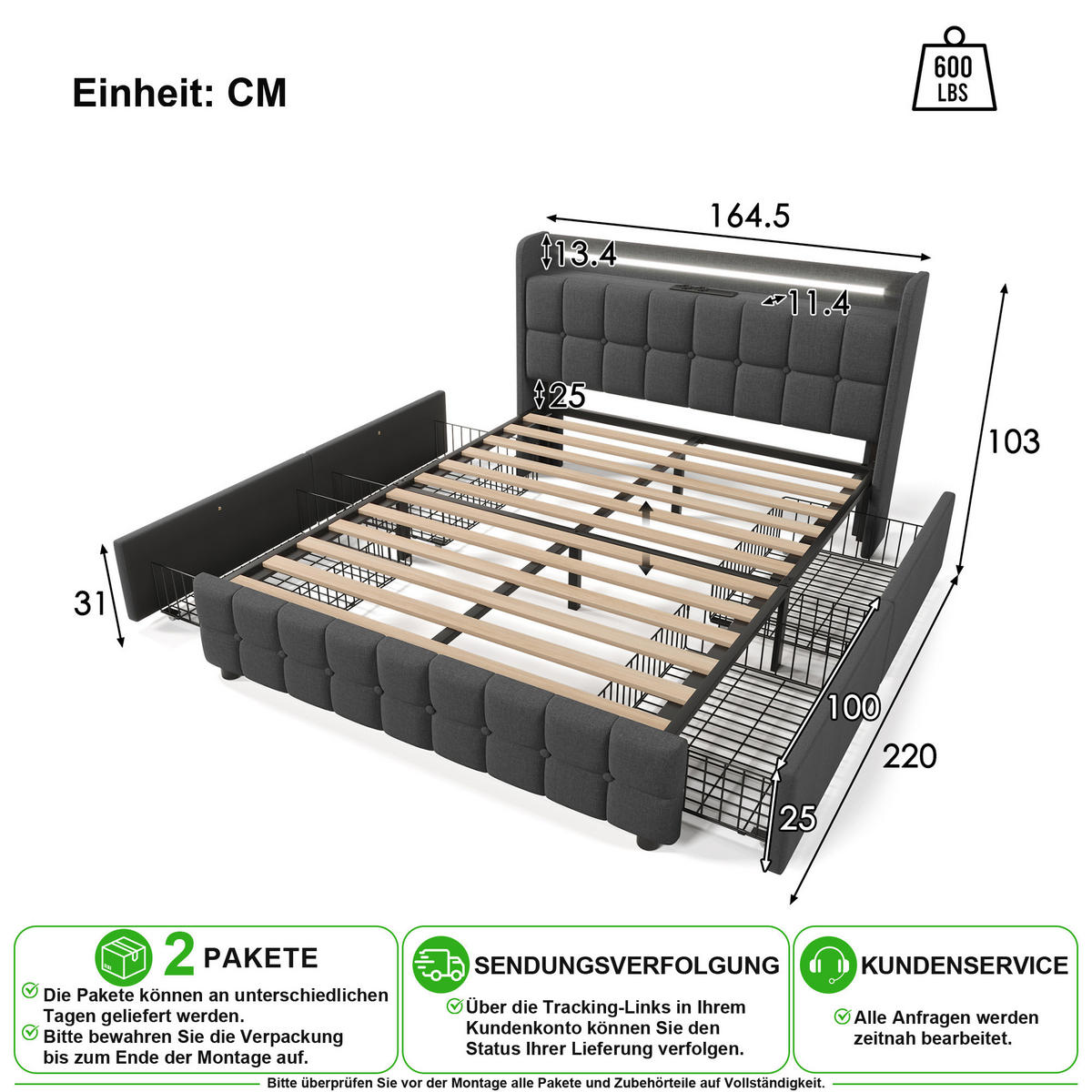 POLSTERBETT 160/200 cm in Grau mit Bettkasten, LED und USB - Grau, Holzwerkstoff/Textil (160/200cm) - CHICFURN