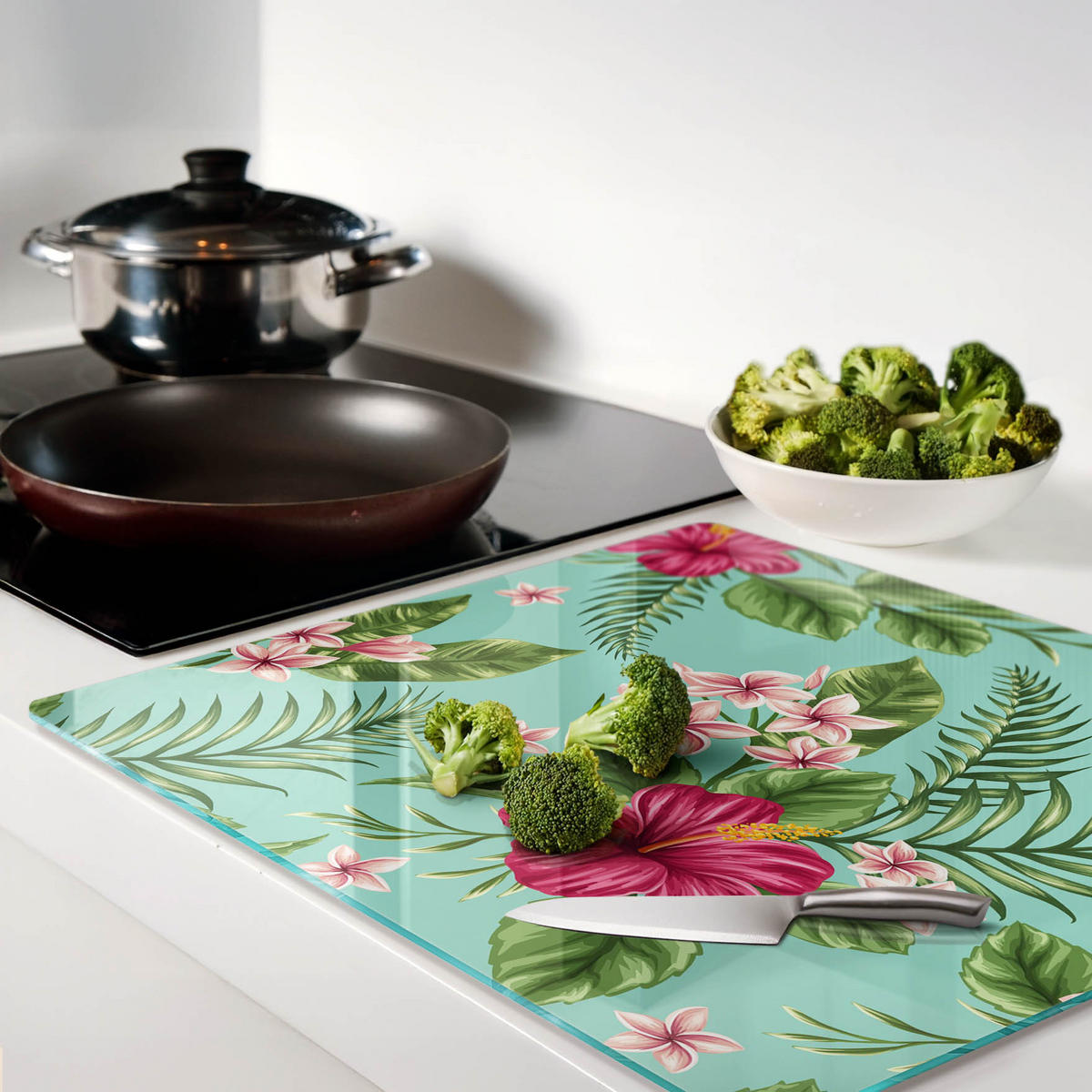 GLASPLATTE 60x52 cm Hawaiianische Blumen - Pink, Glas (60/0.4/52cm) - TULUP