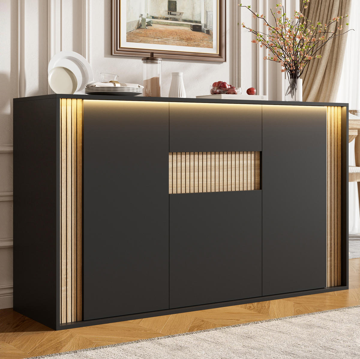 SIDEBOARD in Schwarz und Natur 140x40x82 cm mit 3 Türen, Schublade und verstellbarer LED-Beleuchtung - Schwarz, Holzwerkstoff (40/82/140cm) - IVMEU