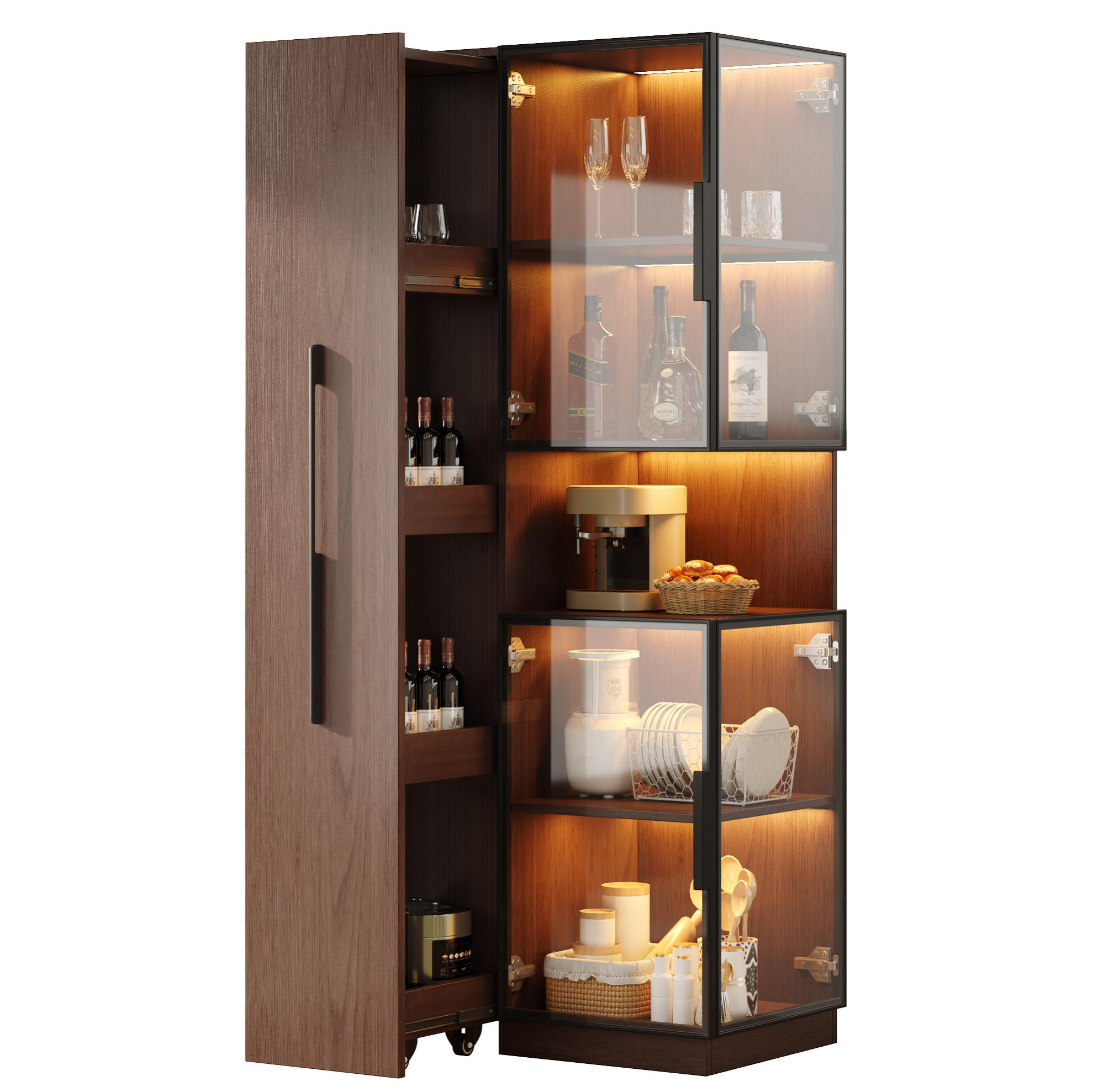 VITRINE aus MDF & Glas 70x38x160cm in Walnussfarben mit LED - Walnussfarben, Holzwerkstoff (70/160/38cm) - Modfu