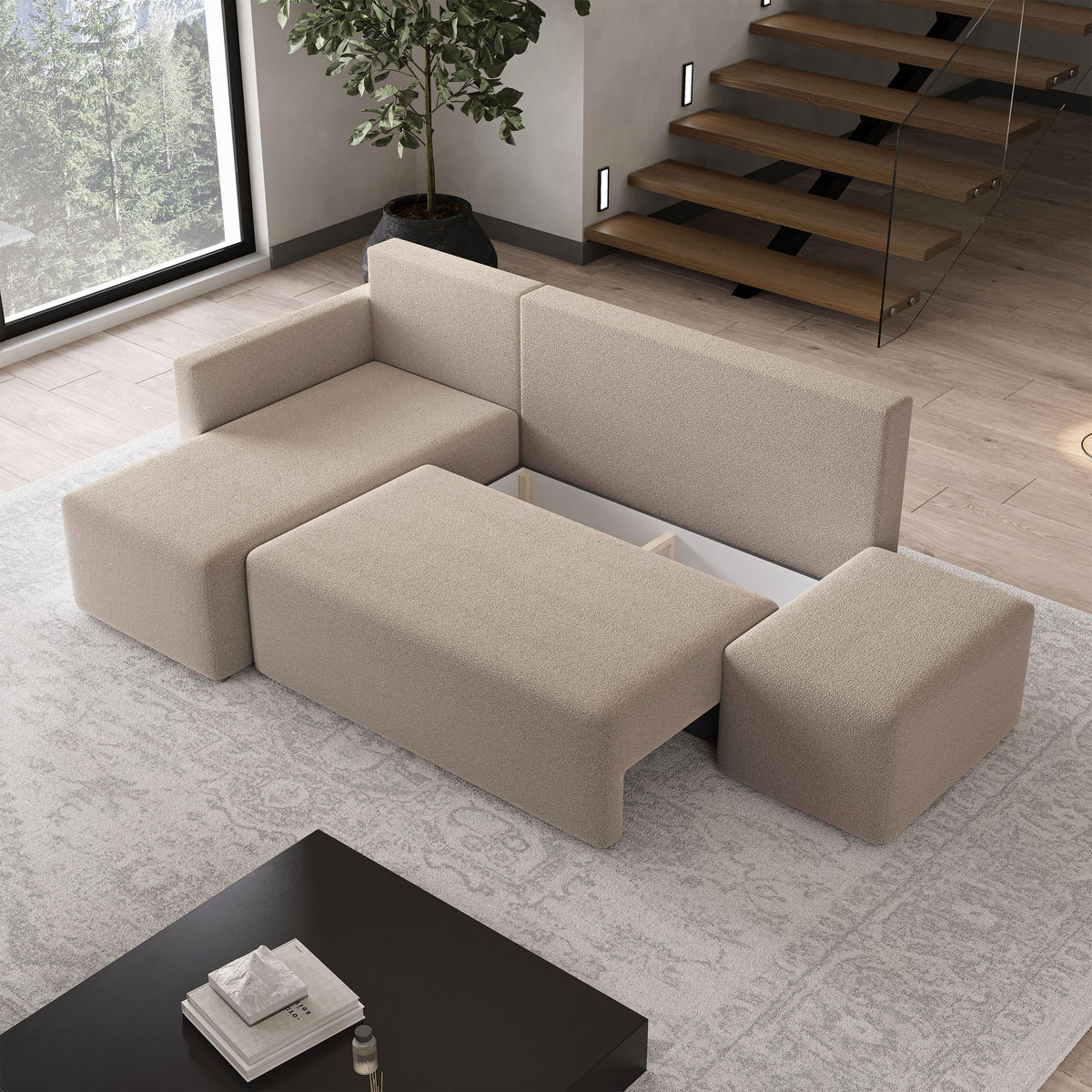 ECKSOFA VELOTTI L-S Beige Boucle-Stoff mit Schlaffunktion - Beige, Holz (261/143cm) - MASSENO