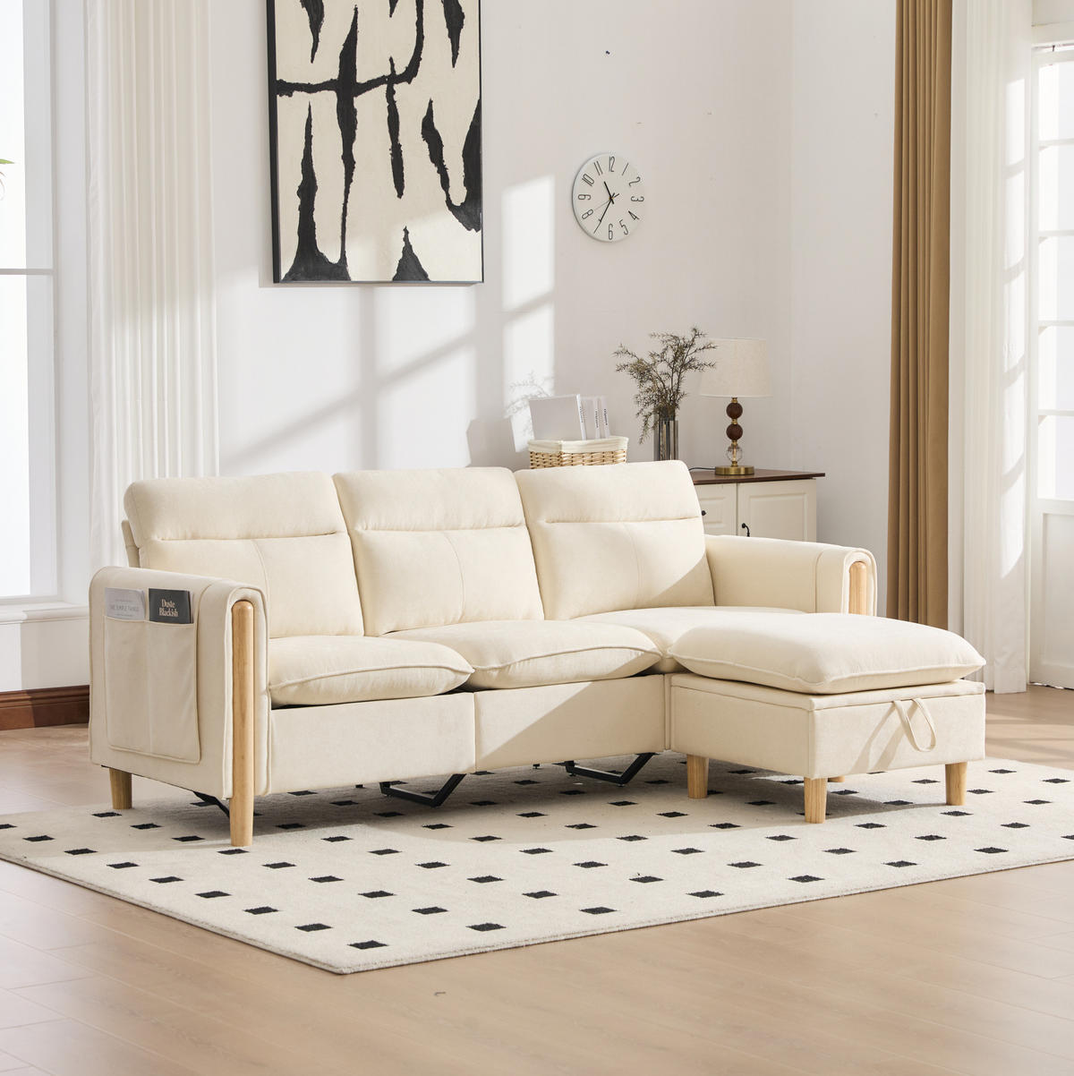 SOFA mit Stauraum und Hocker 201 cm Beige - Beige, Holz (77/201cm) - Meubliv