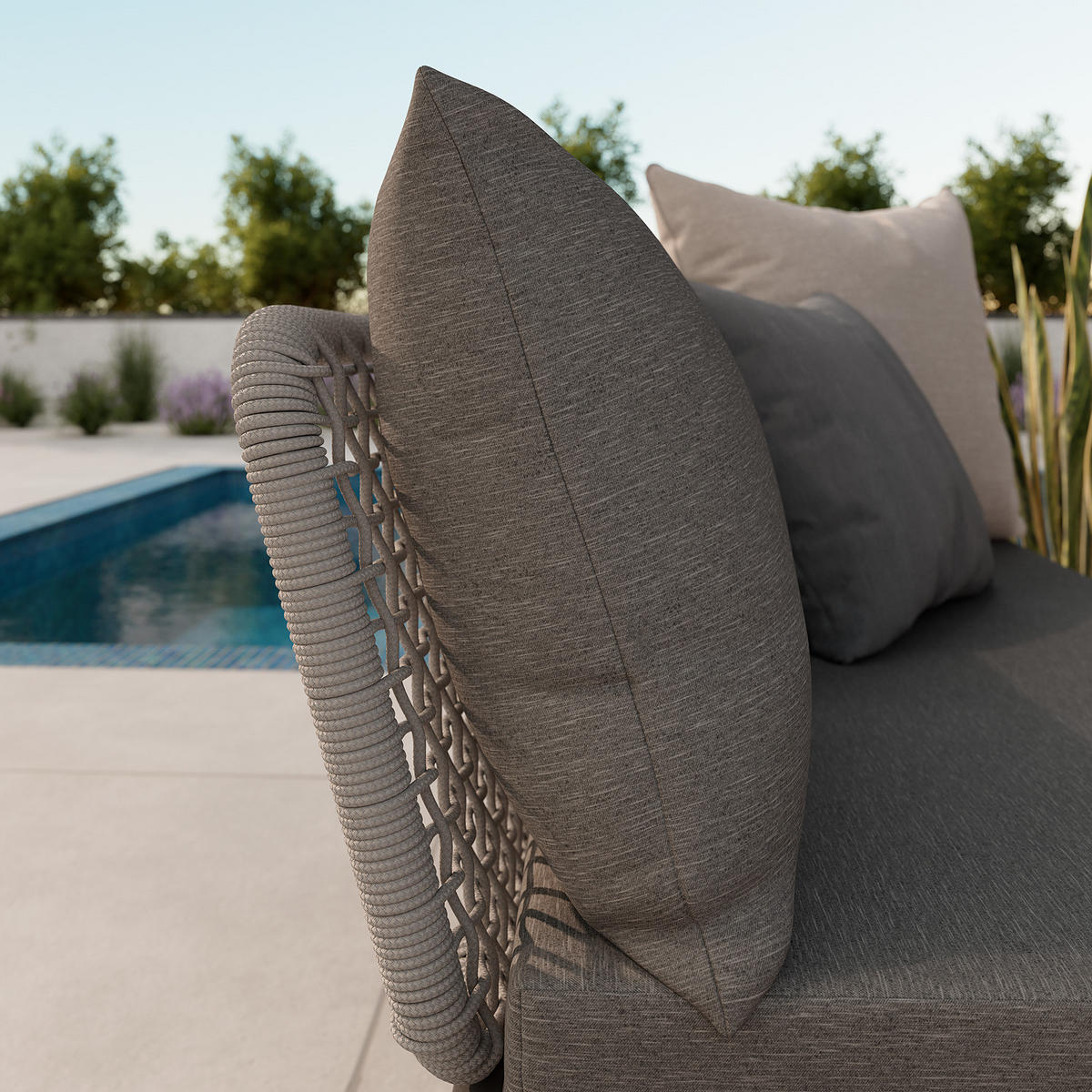 LOUNGESET - Stahl / Polyester - Anthrazit - 3-teilig - Anthrazit/Braun, Naturmaterialien/Glas - home24