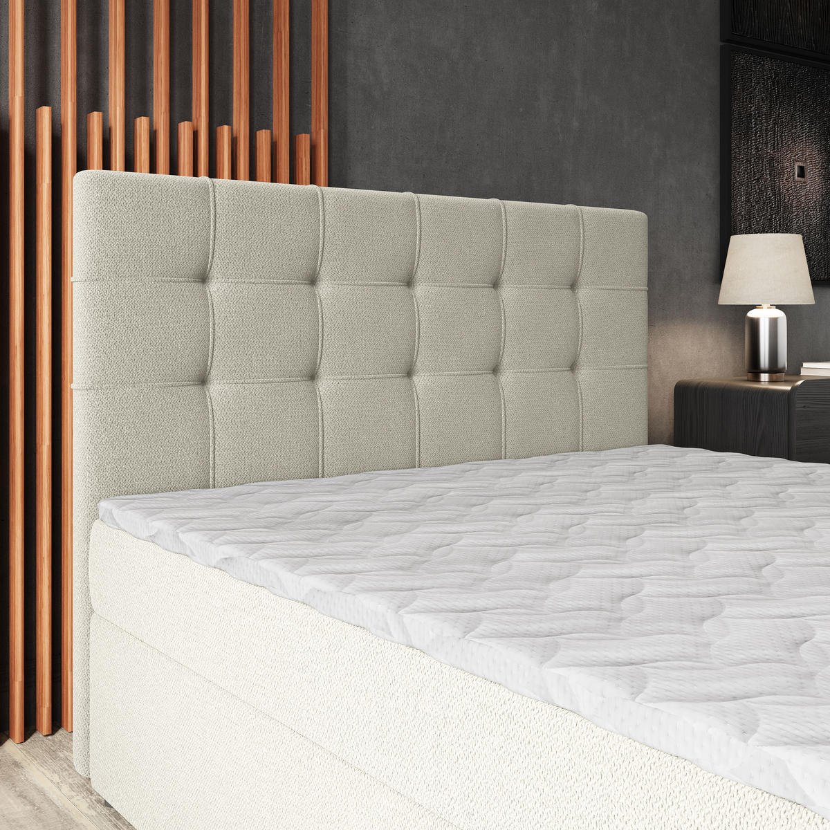 BOXBETT PALMA 160x200 cm mit Matratze und Topper, H2+H3 - Creme - Creme, Holz (160/200cm) - MASSENO