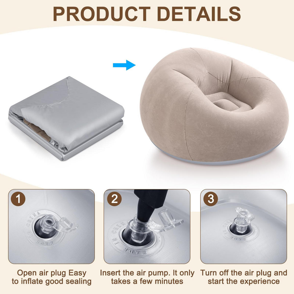 SITZSACK für Erwachsene, aufblasbar, faltbar und tragbar kaffeefarben - Currygelb, Kunststoff (103/60/103cm) - Kaket