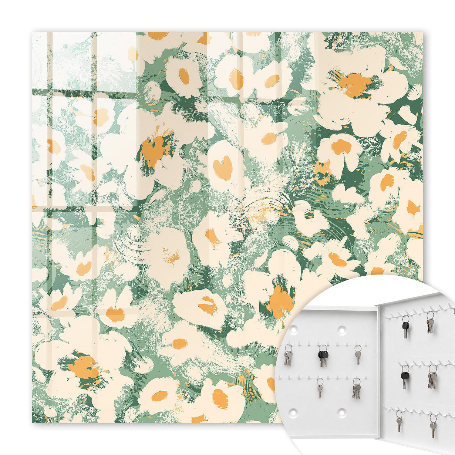 SCHLÜSSELBOX Weiß 30x30 cm – Türöffnung nach rechts - Blumenmuster - Grün, Metall (30/30/5cm) - TULUP