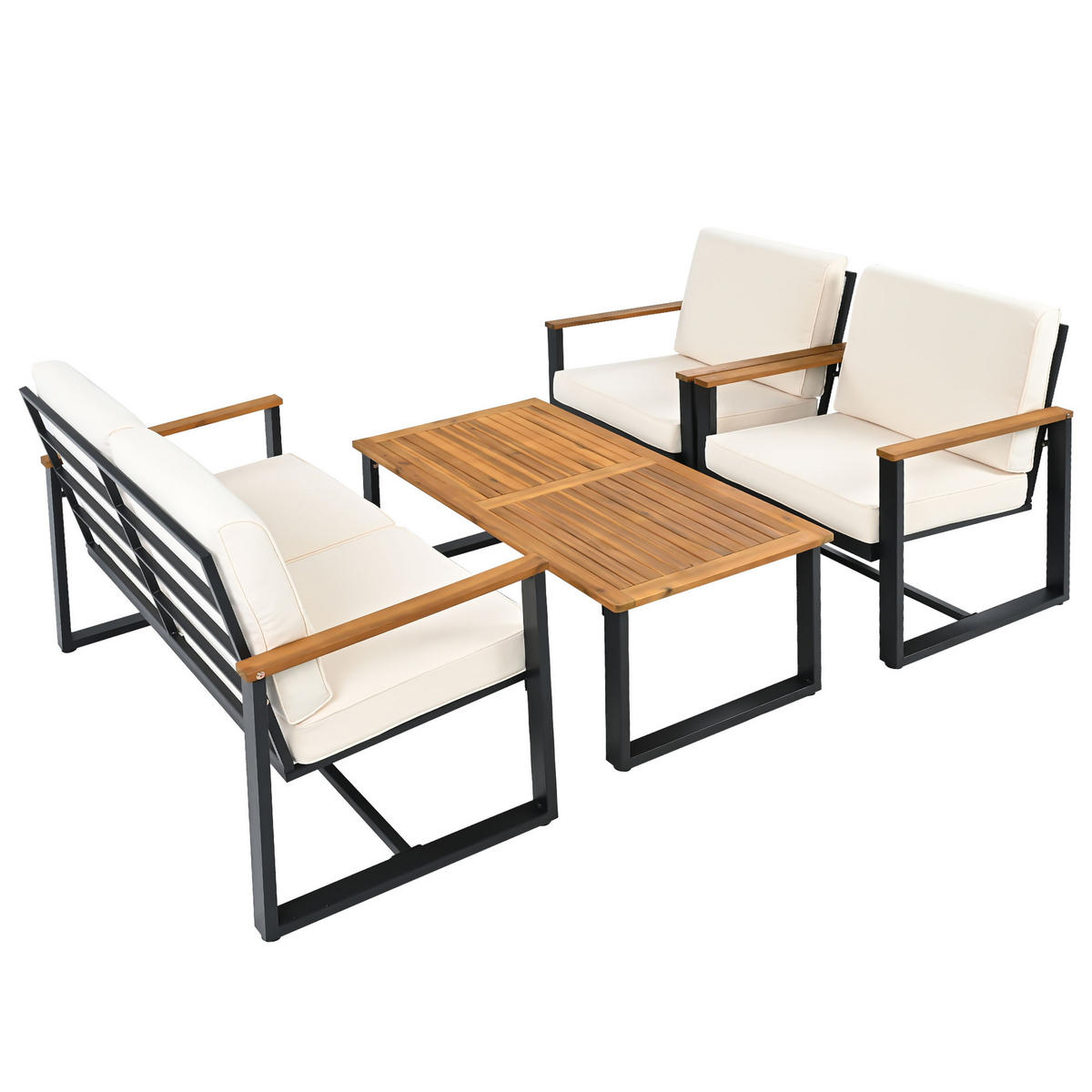 GARTENLOUNGE-SET 175/72/84 cm beige aus Polyester und Akazienholz mit Tisch und Hocker - Beige, Metall - OKWISH