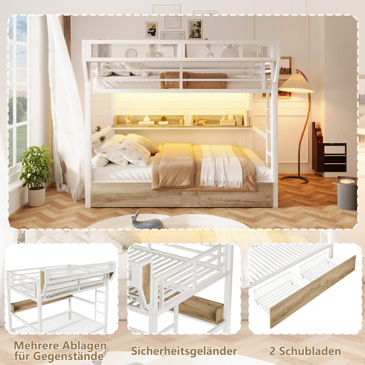 ETAGENBETT 140/200 cm in Weiß mit Ablagebord, Aufbewahrungskorb, Schubladen und LED - Weiß, Holzwerkstoff/Metall (140/200cm) - WISHDOR