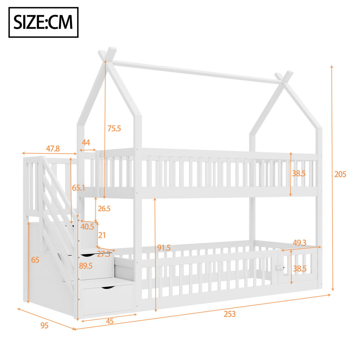 ETAGENBETT mit Treppenschubladen 90x200 cm Massivholz Weiß - Weiß, Holzwerkstoff (90/200cm) - Beauniv