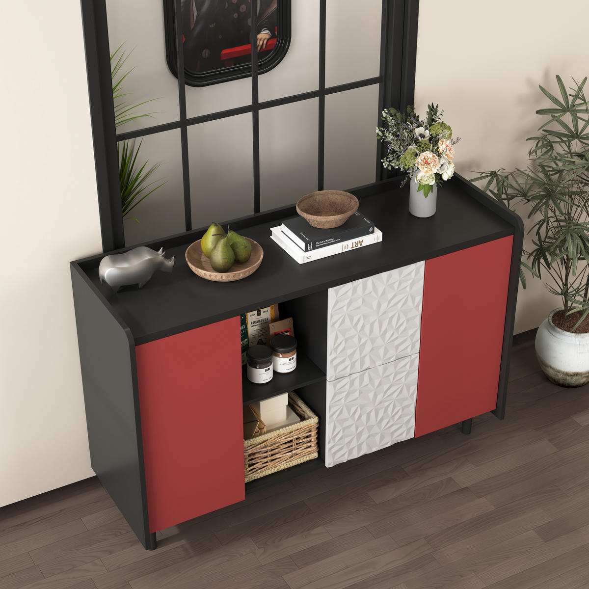 SIDEBOARD 120/40/80 cm, MDF Schwarz/Rot mit 2 Schubladen, offenem Fach und Tür, Schwarz/Rot - Rot, Holzwerkstoff (120/80/40cm) - Redom