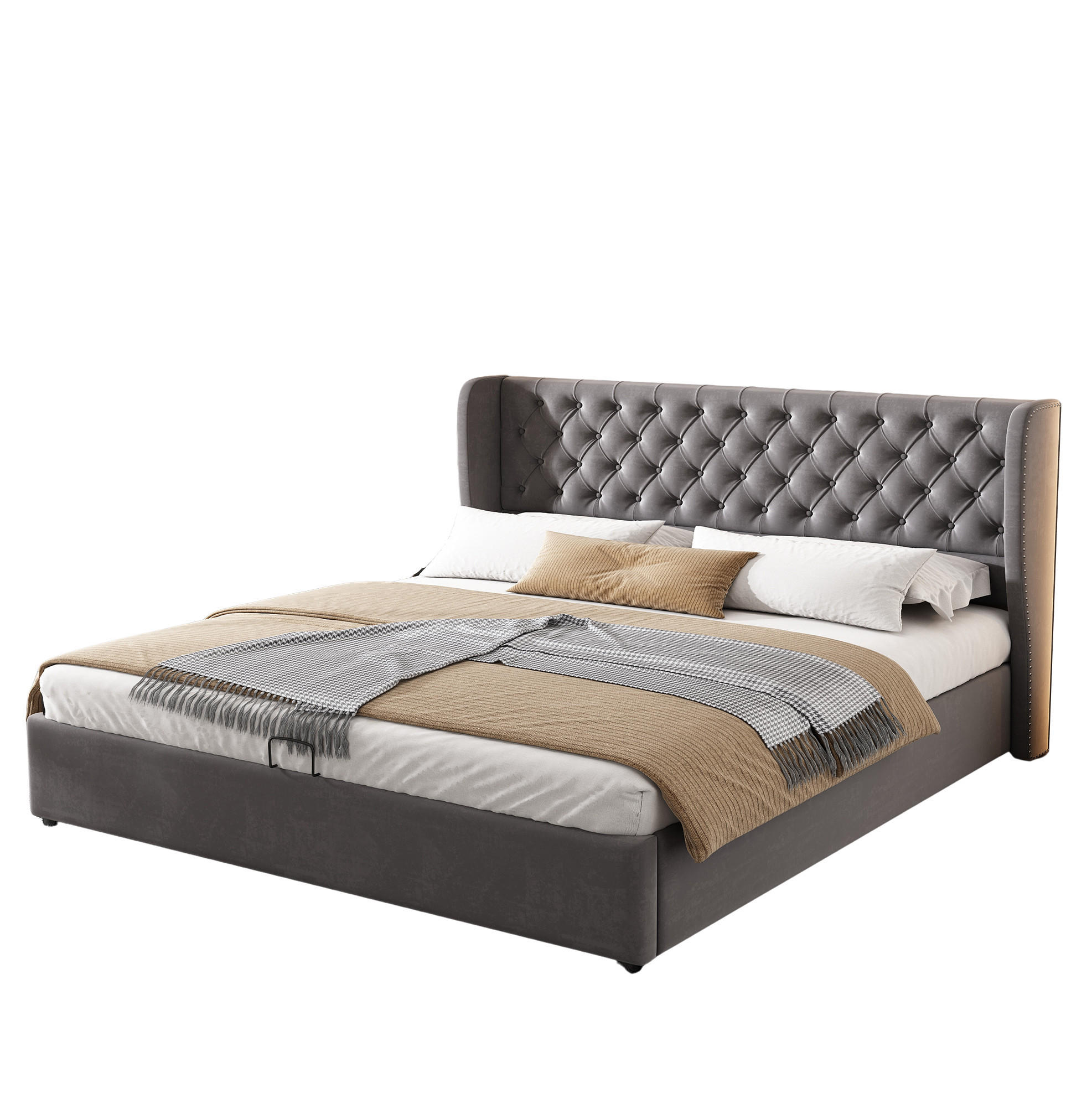 SAMT-POLSTERBETT 180/200 cm mit Bettkasten und gepolstertem Kopfteil in Grau - Grau, Textil (180/200cm) - BEAOK