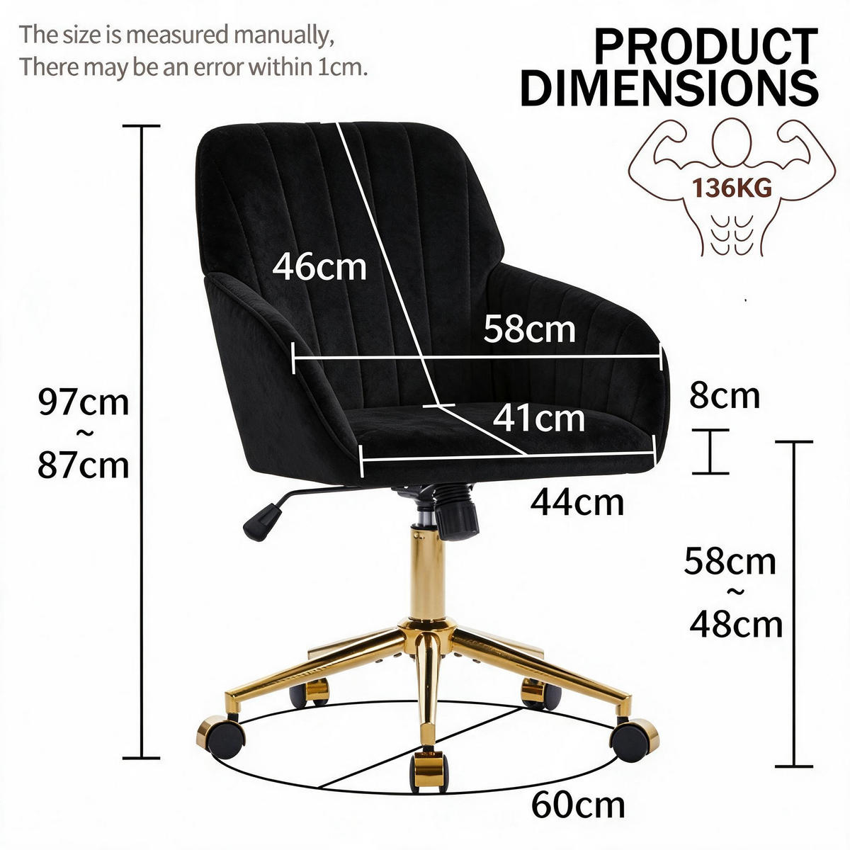 DREHSTUHL DE-41005 mit Rückenlehne höhenverstellbar Schwarz - Schwarz, Metall (60/97/60cm) - ComfortXL