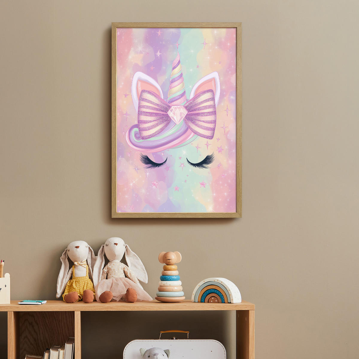 DOBÍJECÍ NOČNÍ LAMPIČKA Jednorožec - Třpytky - Duha - Pastelové barvy 40x60 cm - světle růžová, kompozitní dřevo (8/40/60cm) - OnlyWow
