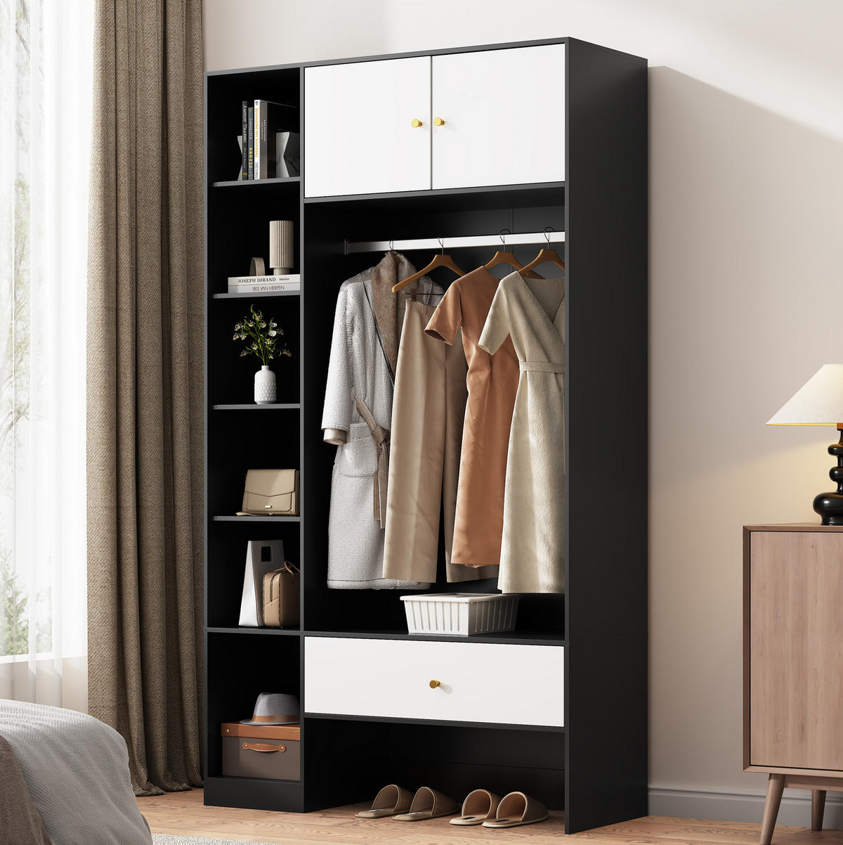 STANDKLEIDERSCHRANK 105/40/185 cm mit 2 Türen, Schublade und offenen Fächern - Weiß, Holzwerkstoff (105/185/40cm) - BEAOK