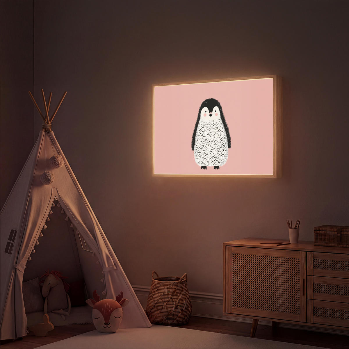 DOBÍJECÍ NOČNÍ LAMPIČKA Tučňák - Tečky - Minimalistický - Růžový 100x70 cm - růžová, kompozitní dřevo (8/100/70cm) - OnlyWow
