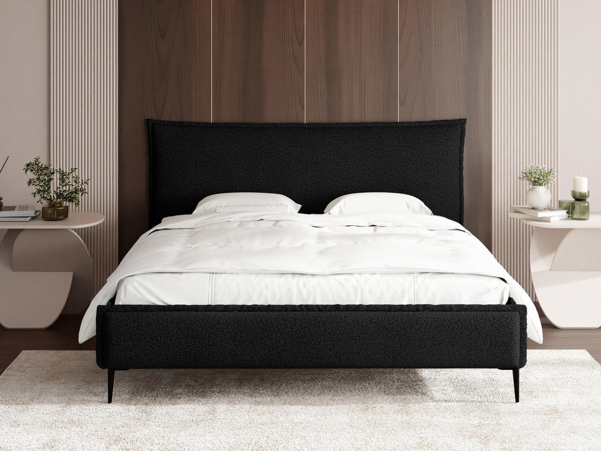 POLSTERBETT Pillow Rise mit Bettkasten, Lattenrost & hohen Metallfüßen in Schwarz Bouclé 140x200 cm - Birkefarben/Schwarz, Holz/Textil (140/200cm) - WFL GROUP