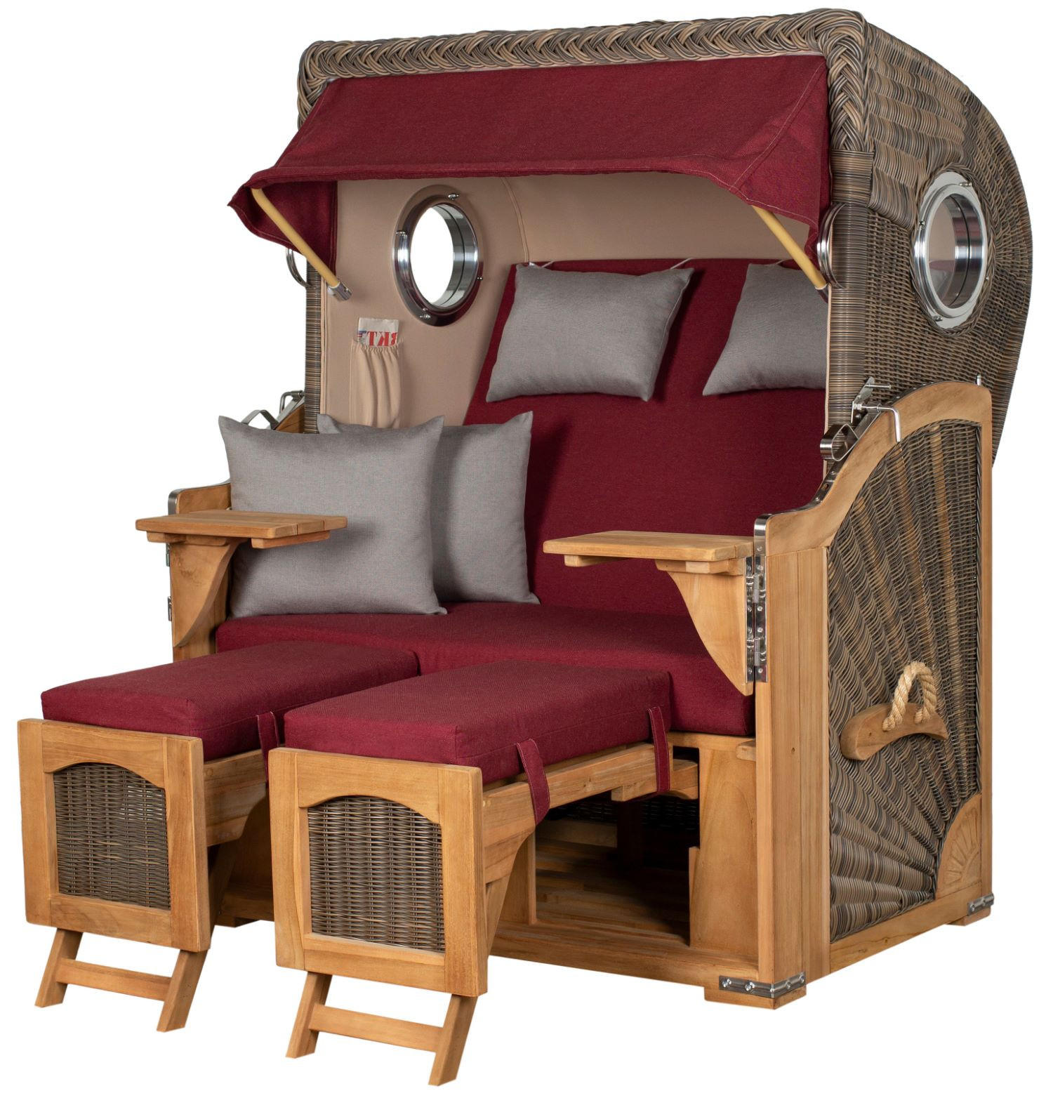 STRANDKORB Komplettset: Ammersee Teak Bullauge - PE grau - Modell 594 - Rot/Grau, Holz/Kunststoff (125/165/80cm) - bene living