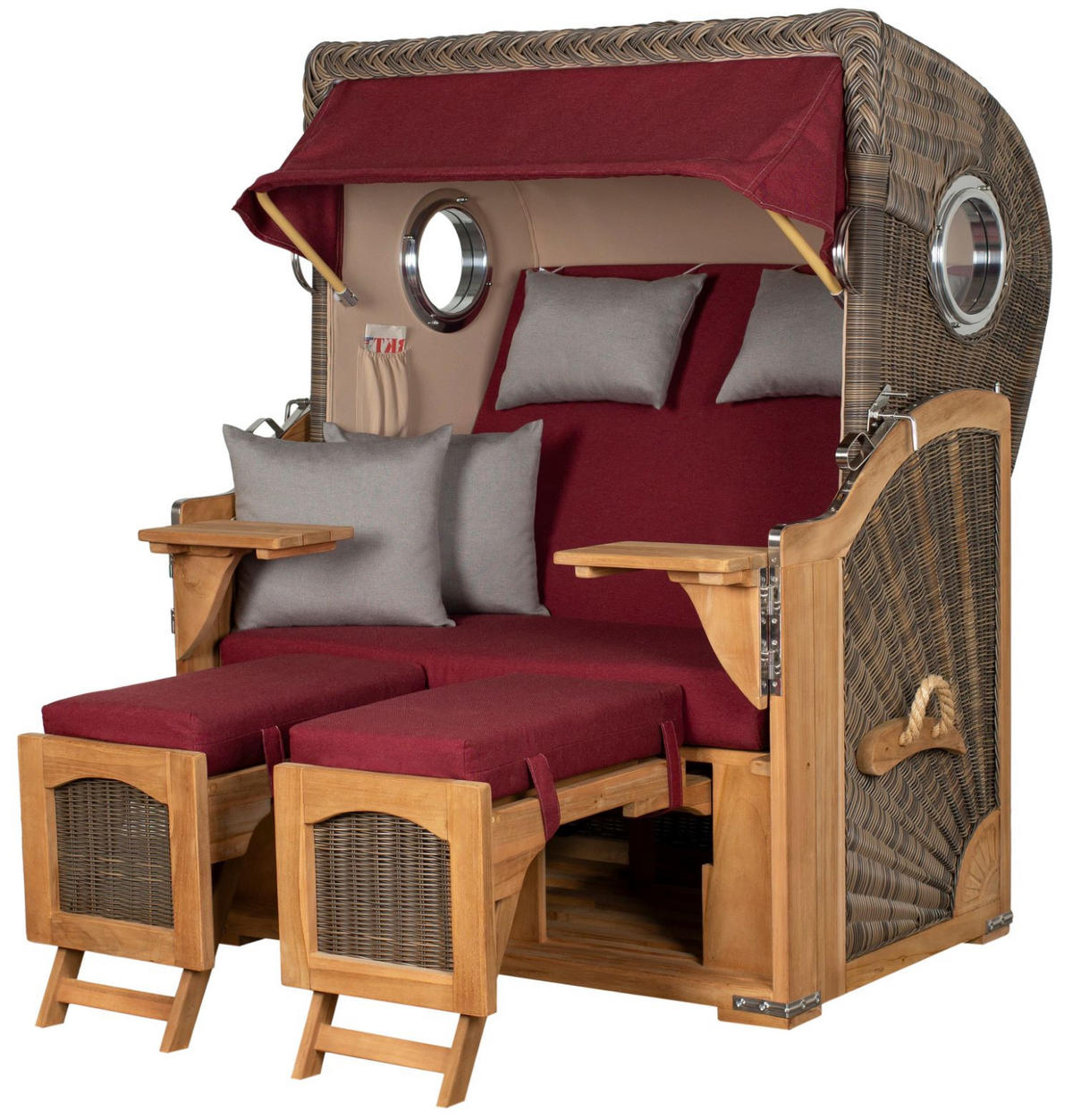 STRANDKORB Komplettset: Ammersee Teak Bullauge - PE grau - Modell 594 - Rot/Grau, Holz/Kunststoff (125/165/80cm) - bene living