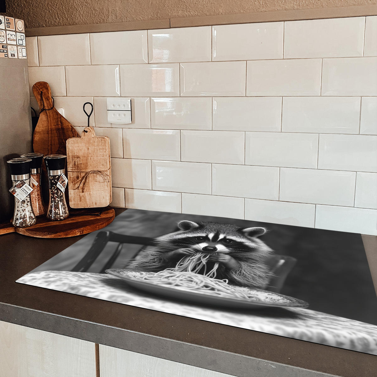 HERDABDECKPLATTE Waschbär - Niedlich - Pasta - Tischtuch - Schwarz - Weiß Ceranfeldabdeckung 80x52 cm - Grau, Kunststoff (80/52/0.2cm) - MuchoWow