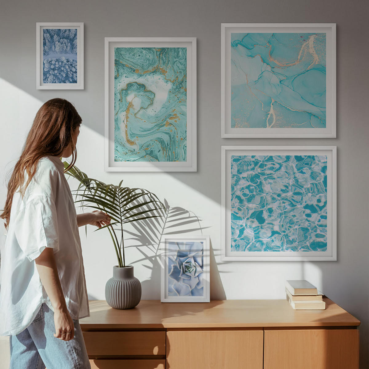 WANDBILDER 5er-Set - 50x50 cm & 20x30 cm & 40x60 cm Weißer Rahmen - Pflanzenmuster große minimalistische Sonnen - Weiß, Kunststoff (40/60cm) - ArtPrintCave