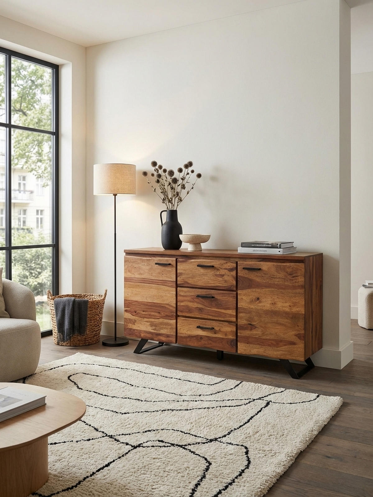 SIDEBOARD – Massivholz, 145x82x45 cm, mit Baumkante, Metallgestell - Schwarz/Braun, Holz/Metall (145/82/45cm) - KADIMA DESIGN