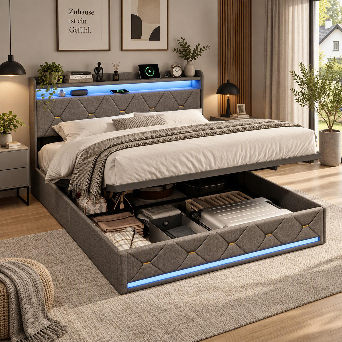 POLSTERBETT 140/200 cm，Bett Grau mit Bettkasten，LED und Ladefunktion，Leinen - Naturfarben/Grau, Holz/Textil (140/200cm) - FURNISHINGS HOME